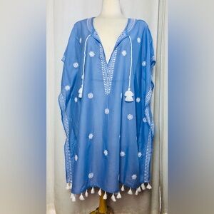 J. Crew XL Blue Embroidered Tunic Cover Up Tassel Boho Cotton Beach Top Fringe